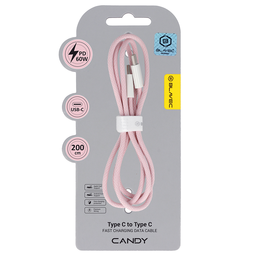 Blavec Кабель Candy плетёный - Type C to Type C - PD 60W 3A 2 метра Apple CarPlay/Android Auto (CCA-CC3P20) розовый