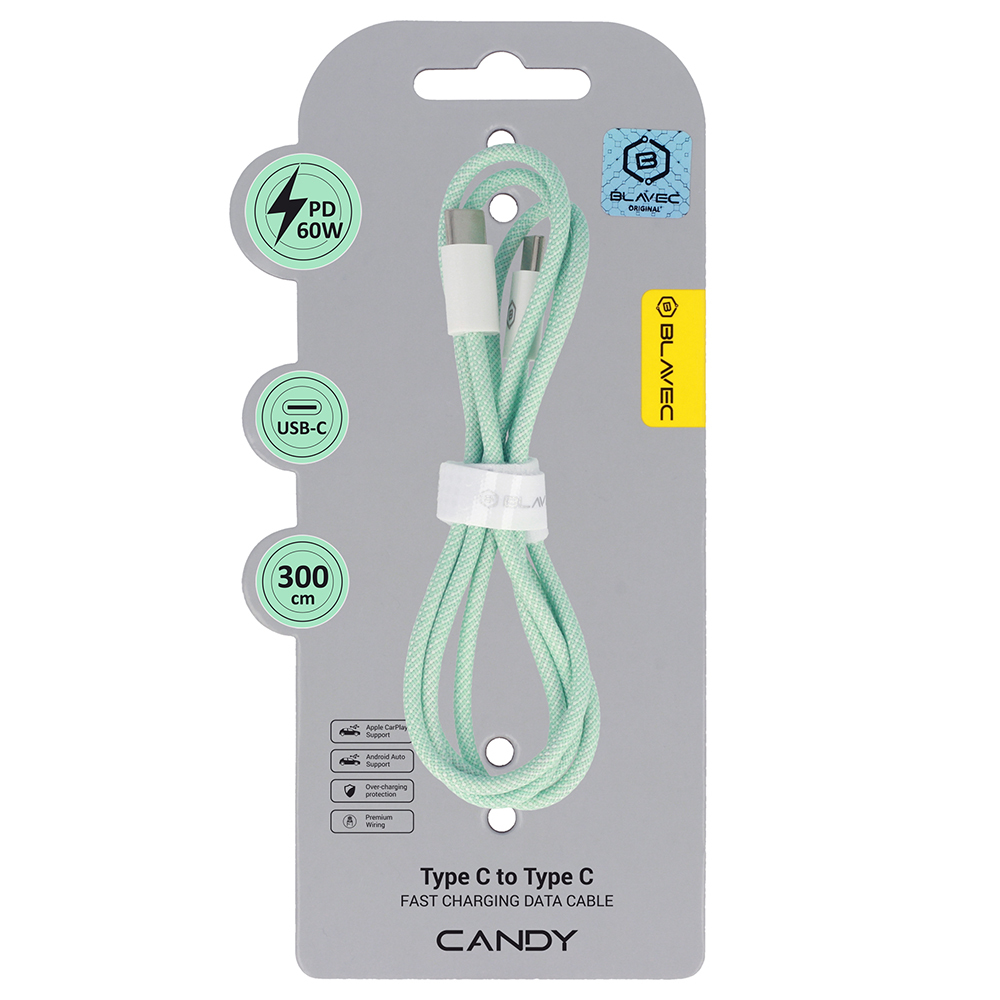 Blavec Кабель Candy плетёный - Type C to Type C - PD 60W 3A 3 метра Apple CarPlay/Android Auto (CCA-CC3GN30) зелёный