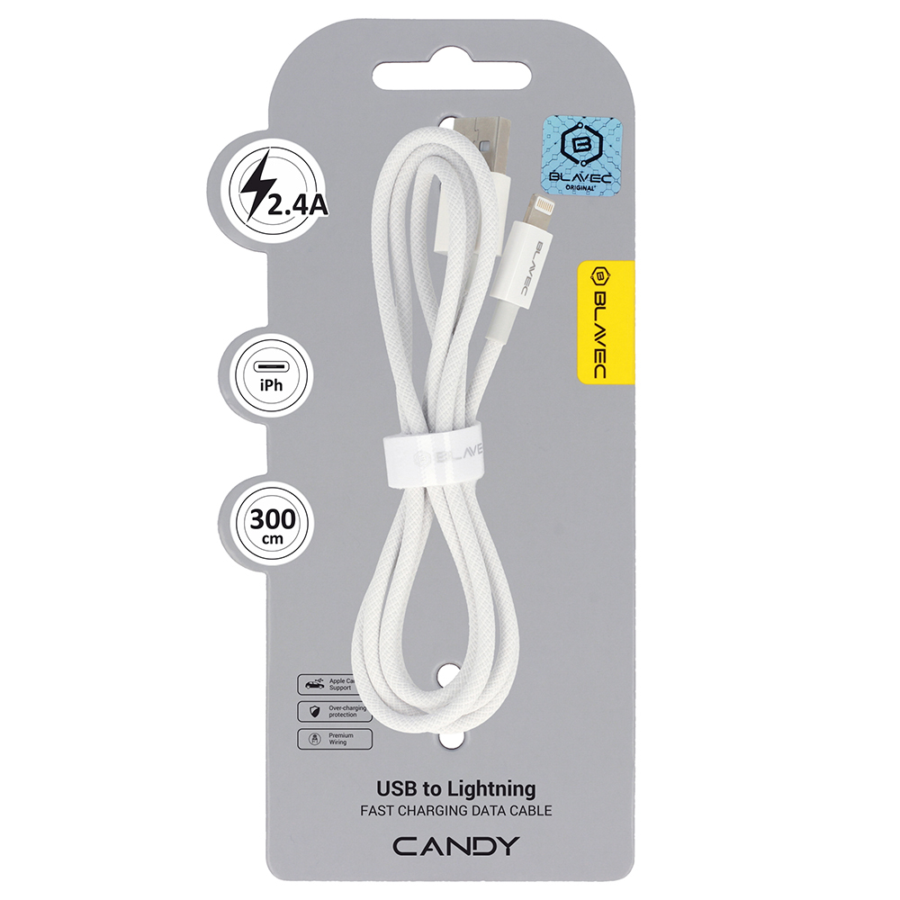 Blavec Кабель Candy плетёный - USB to Lightning - 2,4A 3 метра Apple CarPlay (CCA-UL24W30) белый