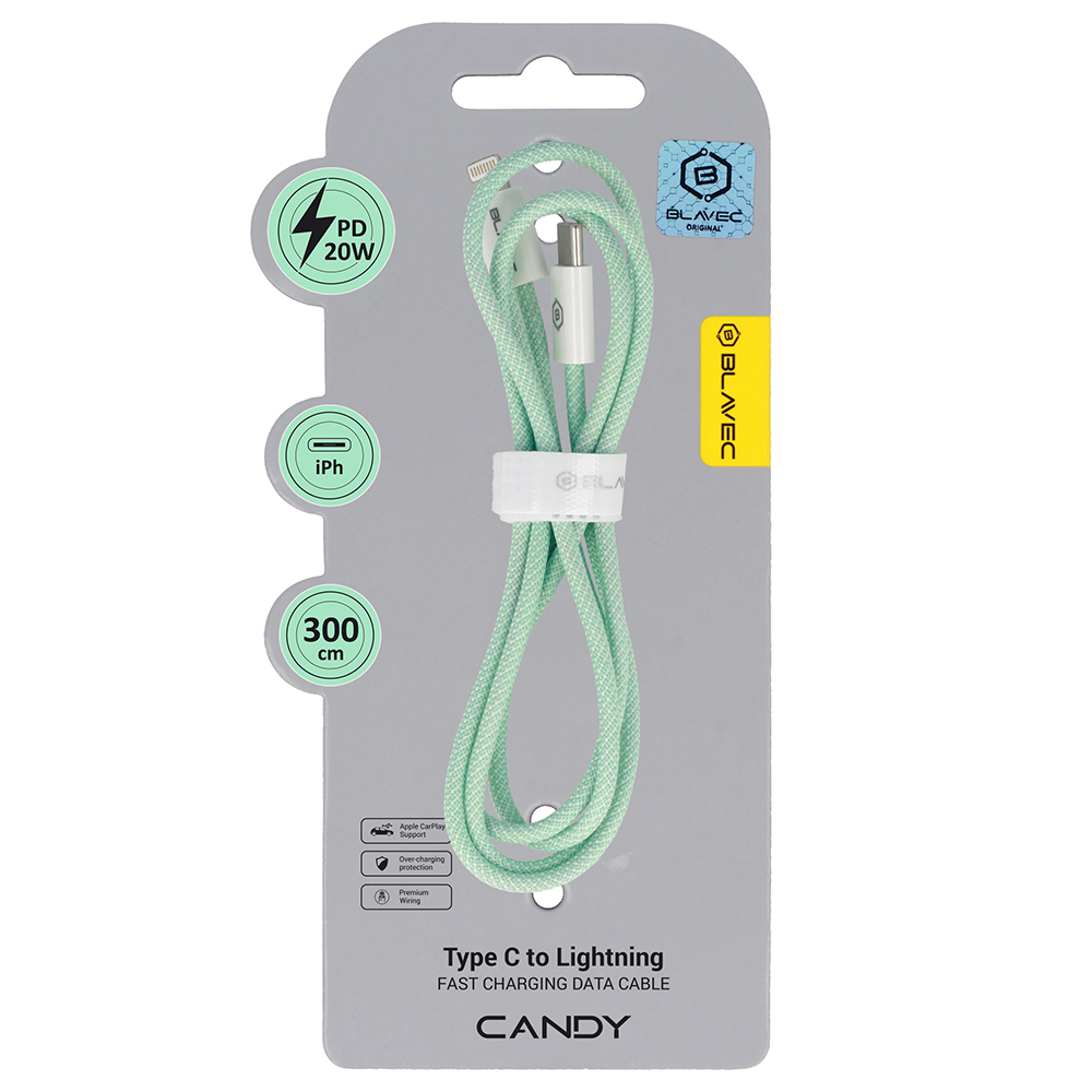 Blavec Kabelis Candy pintas - Type C į Lightning - PD 20W 2,4A 3 metrai Apple CarPlay (CCA-CL24GN30) žalias