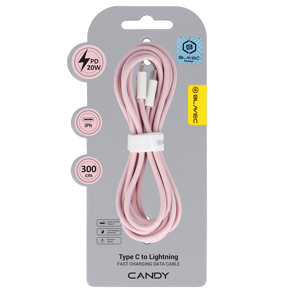 Blavec Kabelis Candy pintas - Type C į Lightning - PD 20W 2,4A 3 metrai Apple CarPlay (CCA-CL24P30) rožinė