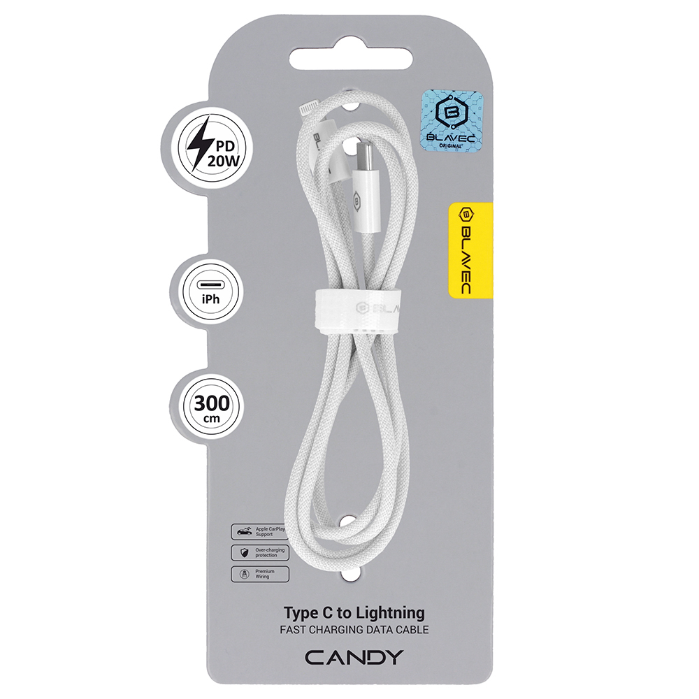 Blavec Кабель Candy плетёный - Type C to Lightning - PD 20W 2,4A 3 метра Apple CarPlay (CCA-CL24W30) белый