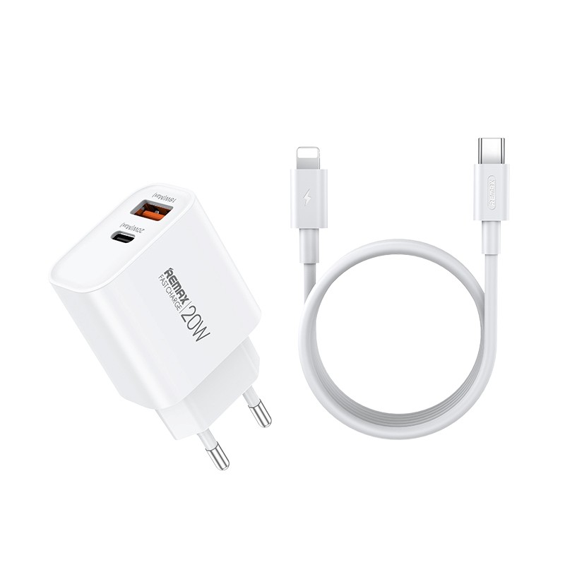 Зарядное устройство Remax RP-U120 20W USB-C/USB-A + кабель USB-C – Lightning 1.0м белое
