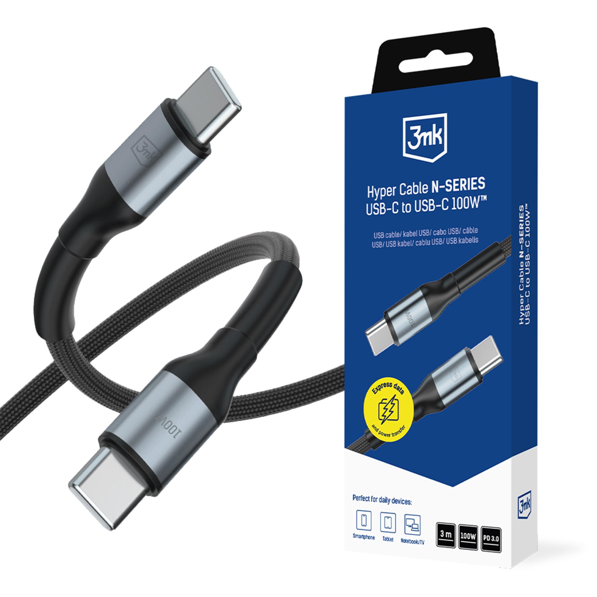3mk Hyper Cable N-SERIES USB-C / USB-C 3m PD 3.0 QC 3.0 20V / 5A 100W - черный