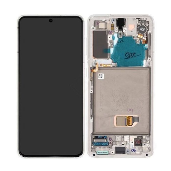 Originalus Samsung G991 S21 5G LCD ekranas su jutikliniu ekranu ir rėmeliu, Phantom White spalvos (naudotas, B klasė)