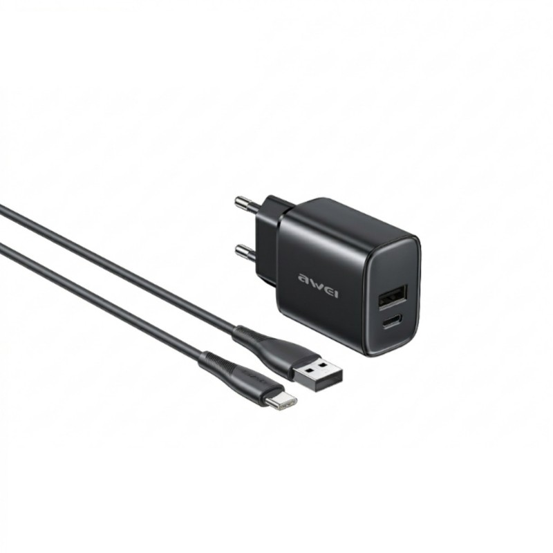 Įkroviklis Awei PD85T-EU 22.5W USB-A/USB-C + USB-A to USB-C cable 1.0m juodas