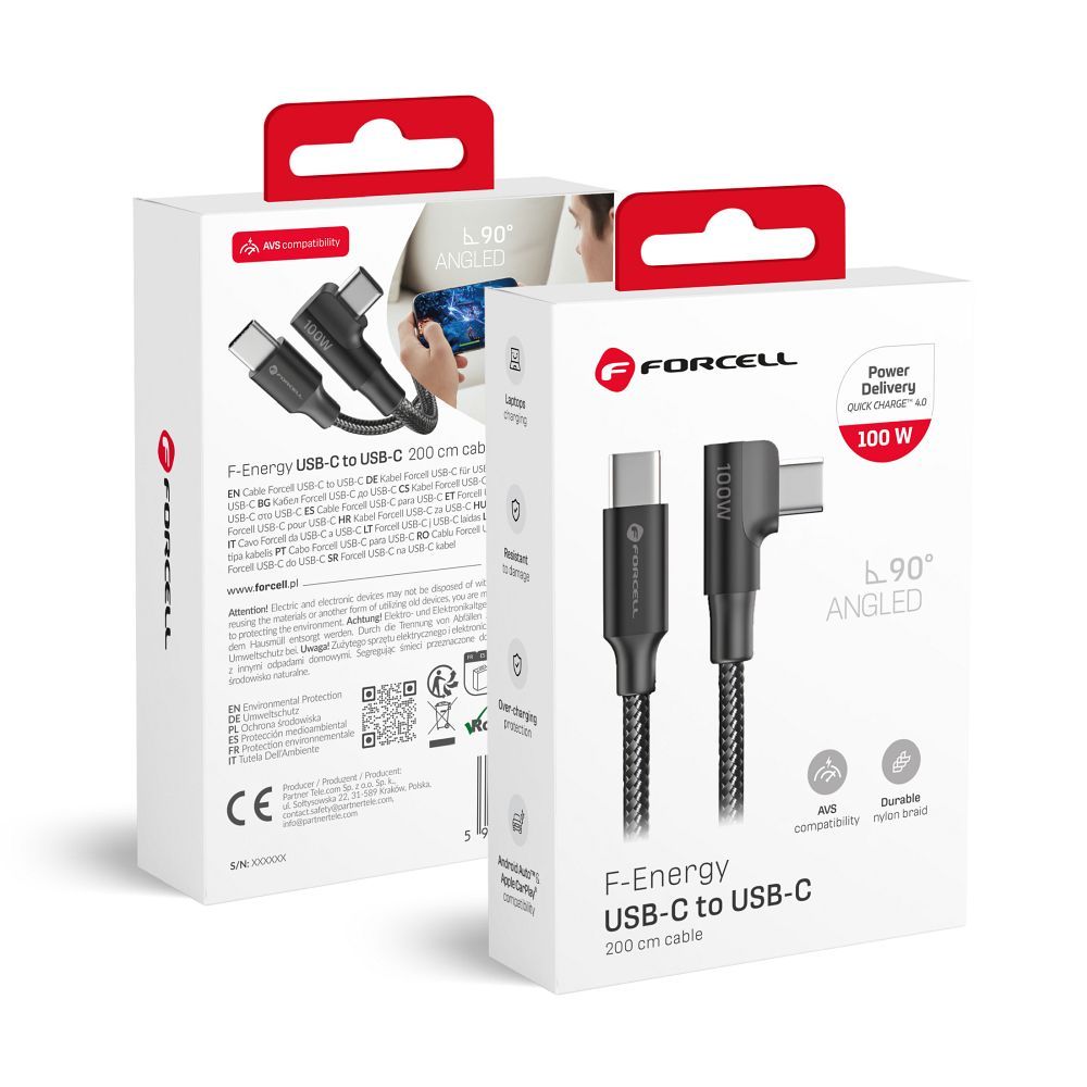 Кабель USB C - USB C Forcell F-Energy QC4.0 PD 5A 100W Cafule 90° 2 m CC-1Deg черный