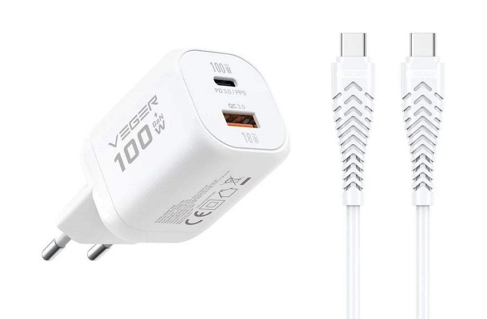 Telefono įkroviklis VEGER USB A + Type C PD Super Charge PPS 100W + duomenų kabelis Type C į C 240W TR150 baltas