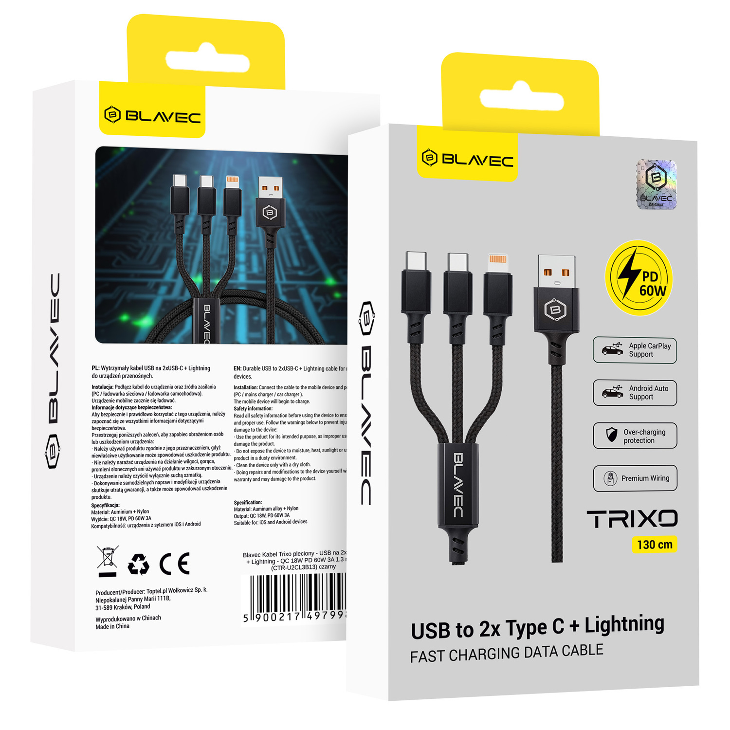 Blavec Trixo плетеный кабель - USB на 2xType C + Lightning - QC 18W PD60W 3A 1,3 м (CTR-U2CL3B13) черный