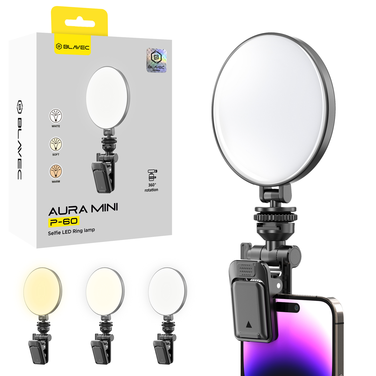 Blavec Selfie Ring лампа Aura Mini LED P-60 клипса (LPP60-KLB) черный