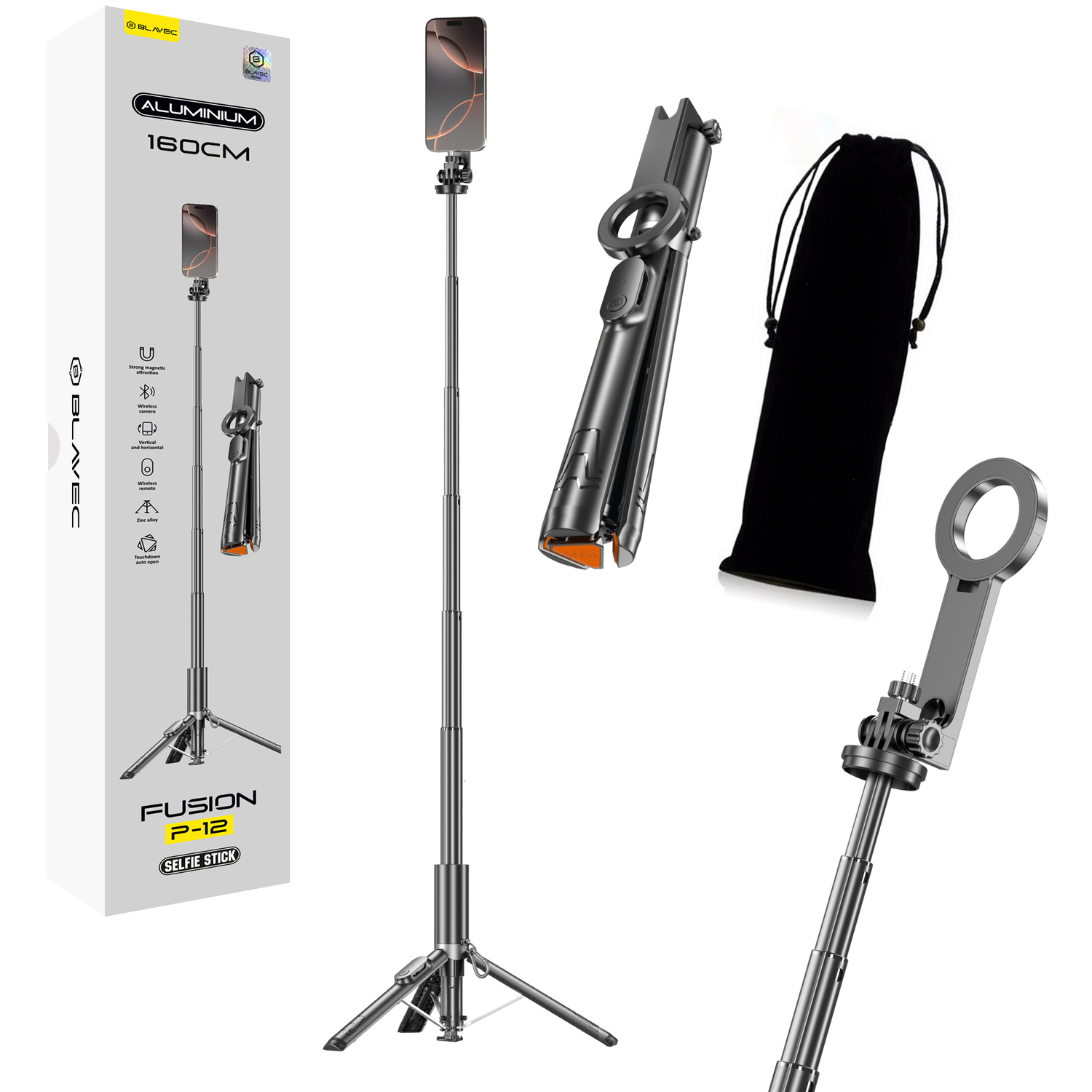 Blavec Selfie Stick Aluminium Fusion P-12 Magsafe Auto pop штатив + пульт дистанционного управления 1,60 м (SSFP12-MTRAPB160) черный