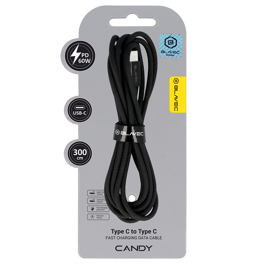 Blavec Candy braided кабель - Type C на Type C - PD 60W 3A 3 метра Apple CarPlay/Android Auto (CCA-CC3B30) черный