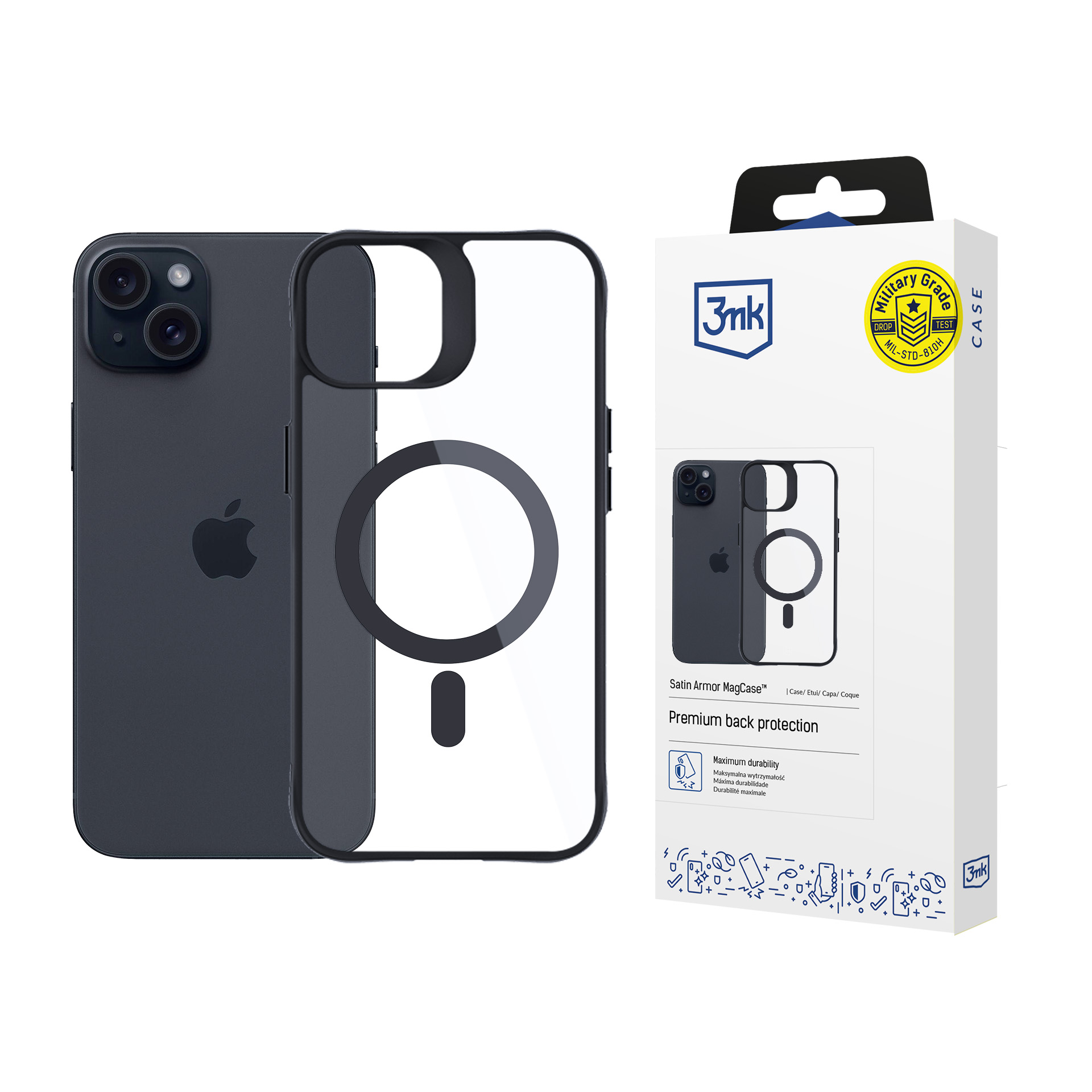 Чехол 3mk Satin Armor MagCase с MagSafe для iPhone 15 - прозрачный с чёрной рамкой