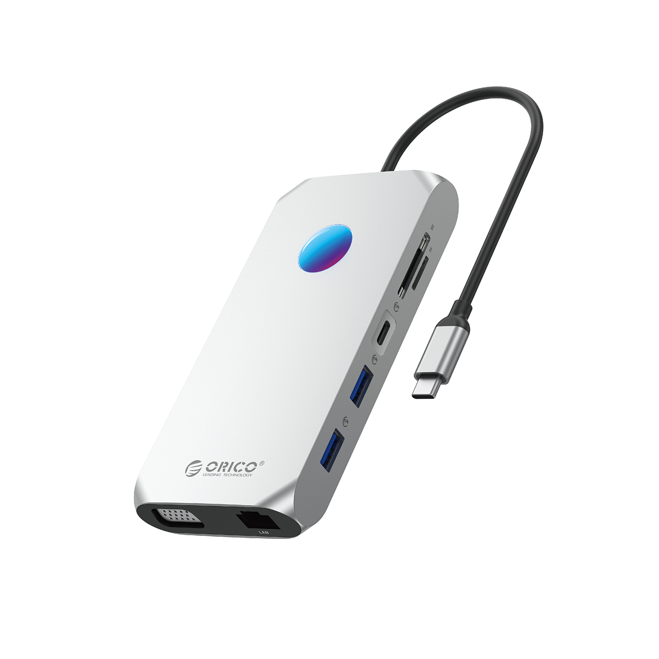 Orico XCR 12 viename RGB USB-C prijungimo stotelė 3x USB-A 3.1 1x USB-A 2.0 1x USB-C PD 100W 1x USB-C 3.1 1x HDMI 1.4 4K 30Hz 1x VGA 1080p 1x microSD/SD 3.0 1x RJ Gigabit Ethernet 1x Audio CTIA 3.5 mm - sidabrinė