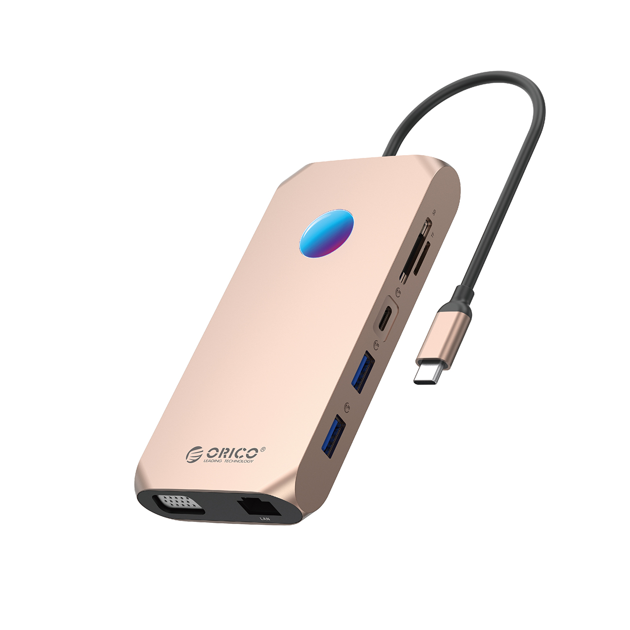 Orico XCR 12 viename RGB USB-C prijungimo stotelė 3x USB-A 3.1 1x USB-A 2.0 1x USB-C PD 100W 1x USB-C 3.1 1x HDMI 1.4 4K 30Hz 1x VGA 1080p 1x microSD/SD 3.0 1x RJ Gigabit Ethernet 1x Audio CTIA 3.5 mm - rožinis auksas