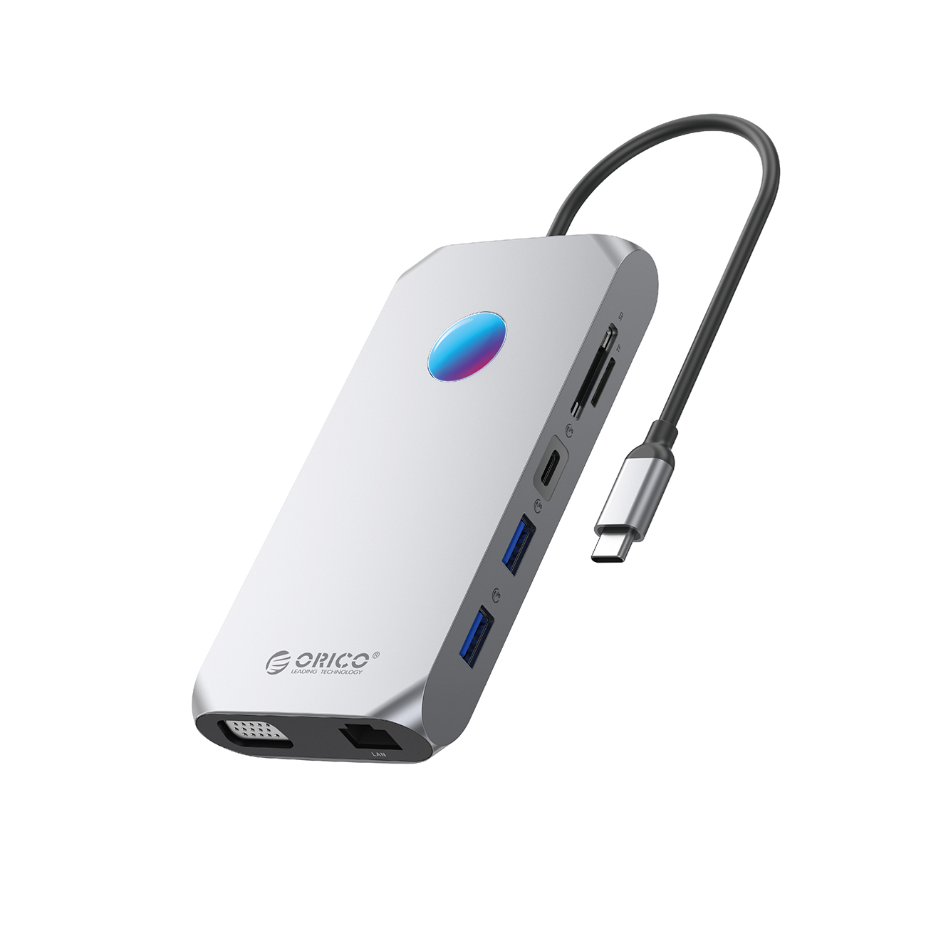 Orico XCR 12 viename RGB USB-C prijungimo stotelė 3x USB-A 3.1 1x USB-A 2.0 1x USB-C PD 100W 1x USB-C 3.1 1x HDMI 1.4 4K 30Hz 1x VGA 1080p 1x microSD/SD 3.0 1x RJ Gigabit Ethernet 1x Audio CTIA 3.5 mm - pilka