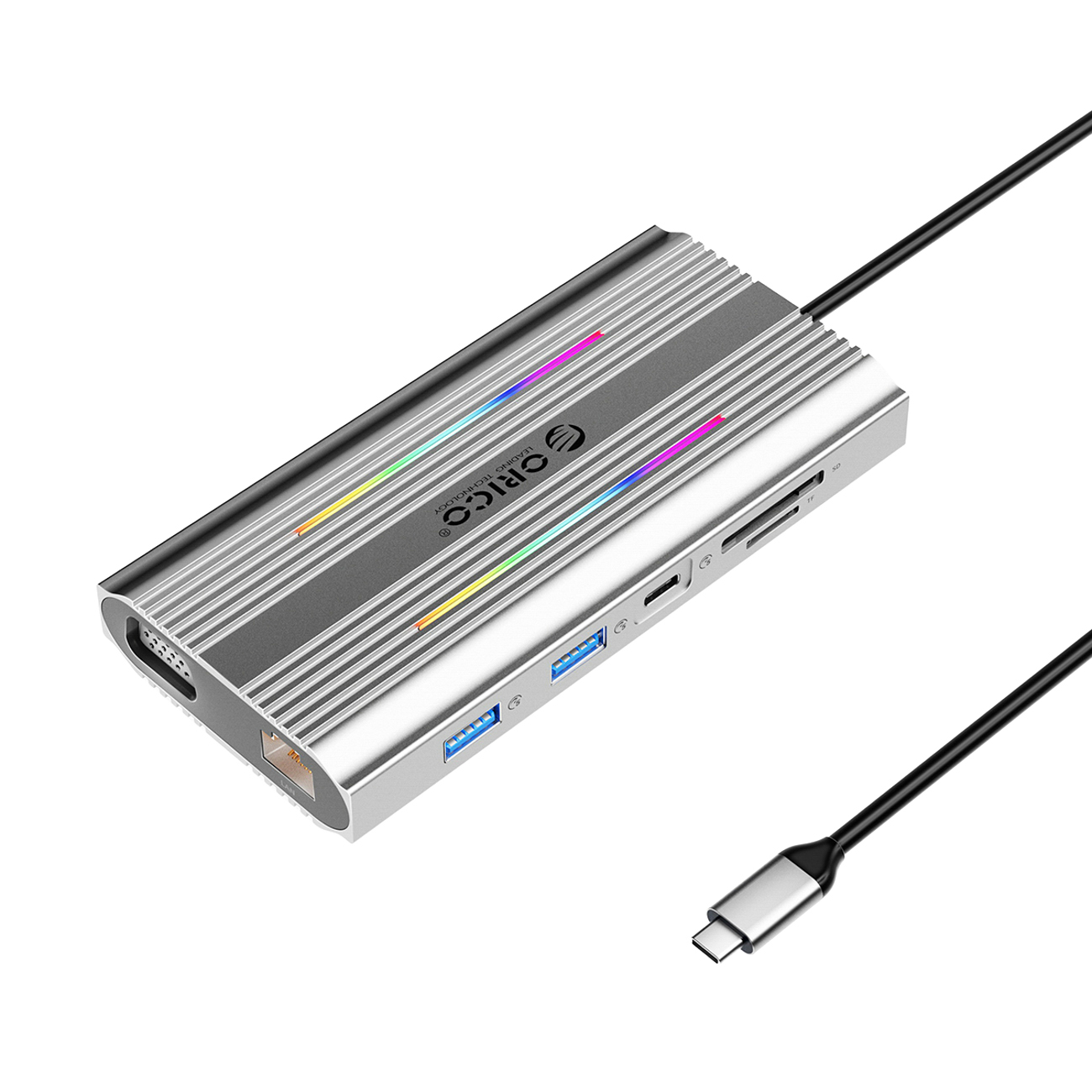 Orico XDR 12 viename RGB USB-C prijungimo stotelė USB-A USB-C PD 100W 2x HDMI 4K 60Hz VGA RJ45 Gigabit SD ir microSD kortelių skaitytuvas - pilka