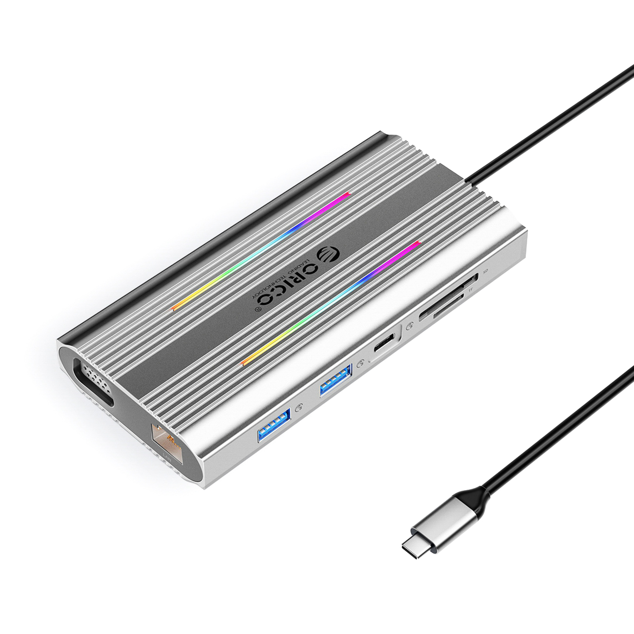 Orico XCR 12 viename RGB USB-C prijungimo stotelė 3x USB-A USB-C PD 100W HDMI 4K VGA RJ45 Gigabit SD ir microSD kortelių skaitytuvas - sidabrinė