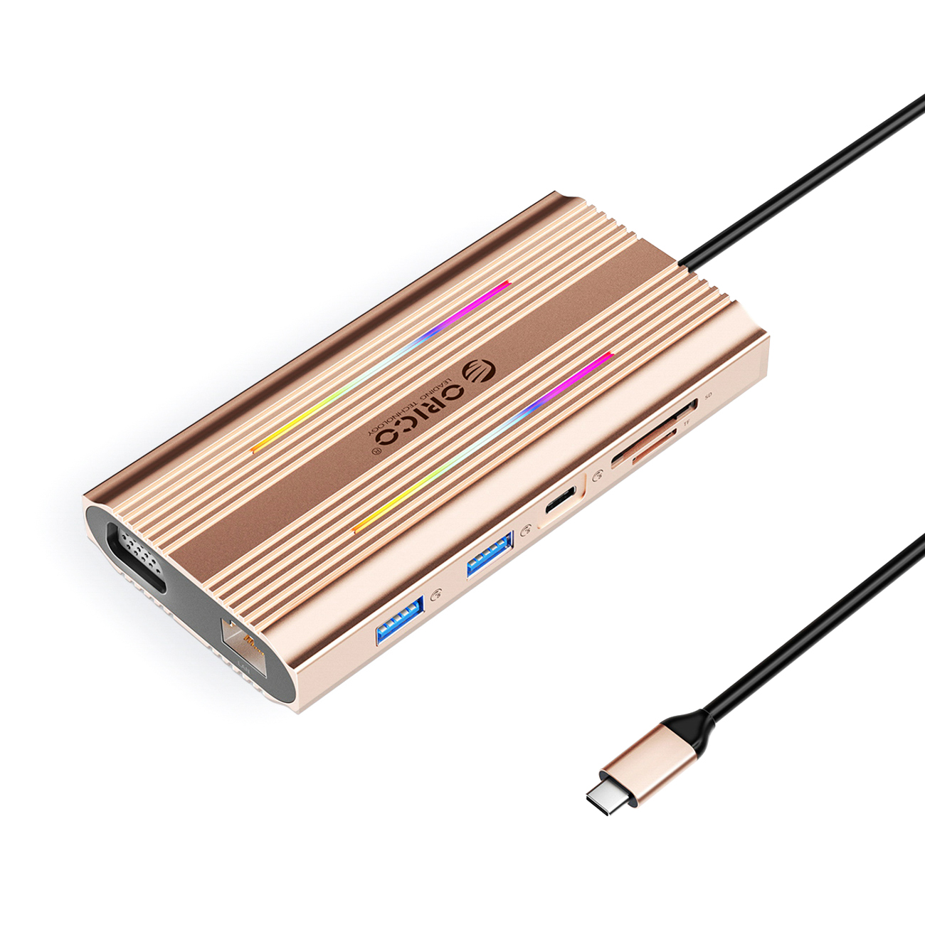 Orico XDR 12 viename RGB USB-C prijungimo stotelė 3x USB-A USB-C PD 100W HDMI 4K VGA RJ45 Gigabit SD ir microSD kortelių skaitytuvas - rožinis auksas