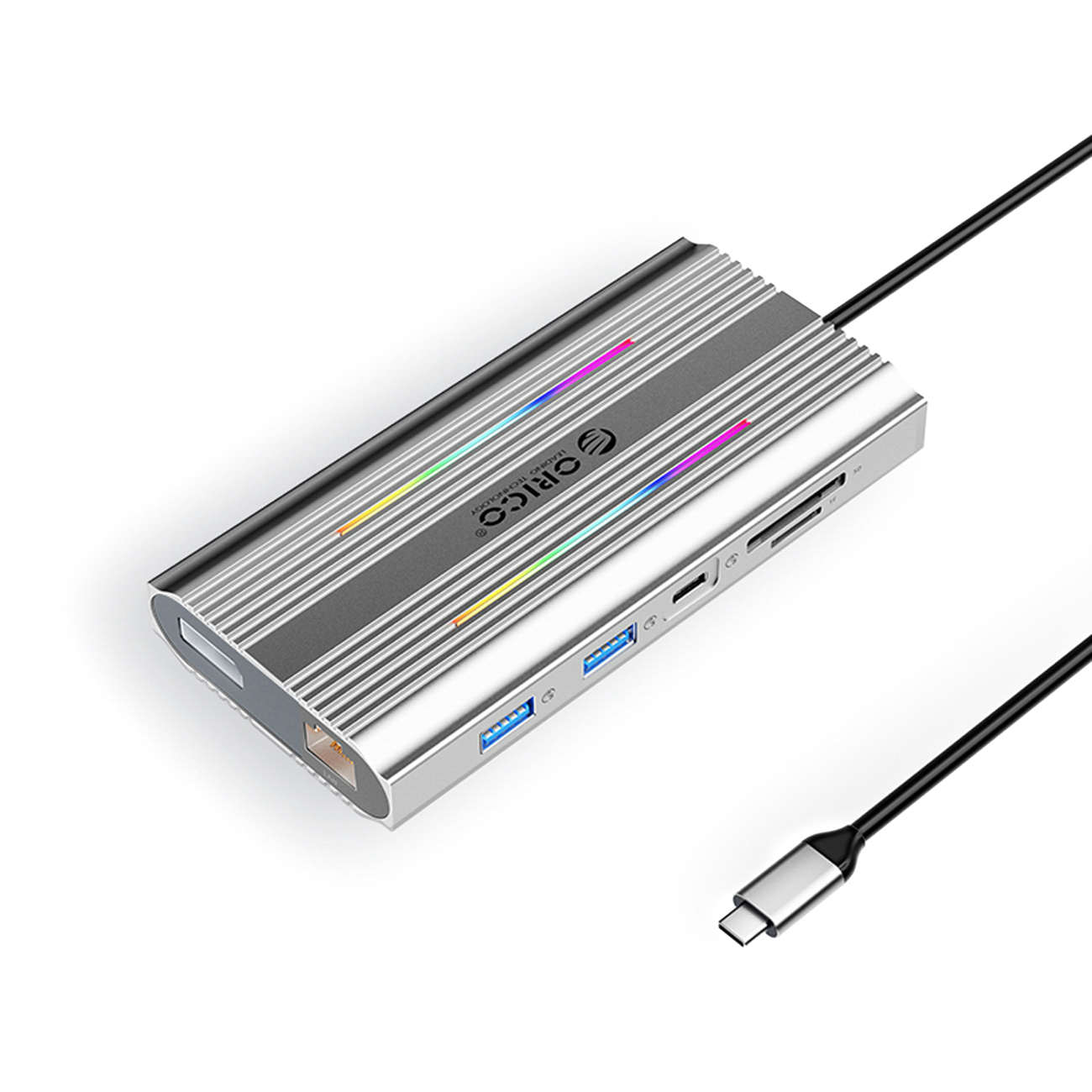 Orico XDR 12 viename RGB USB-C prijungimo stotelė USB-A USB-C 2x HDMI 4K 60Hz DisplayPort 4K 60Hz RJ45 Gigabit PD 100W SD ir microSD kortelių skaitytuvas - sidabrinė