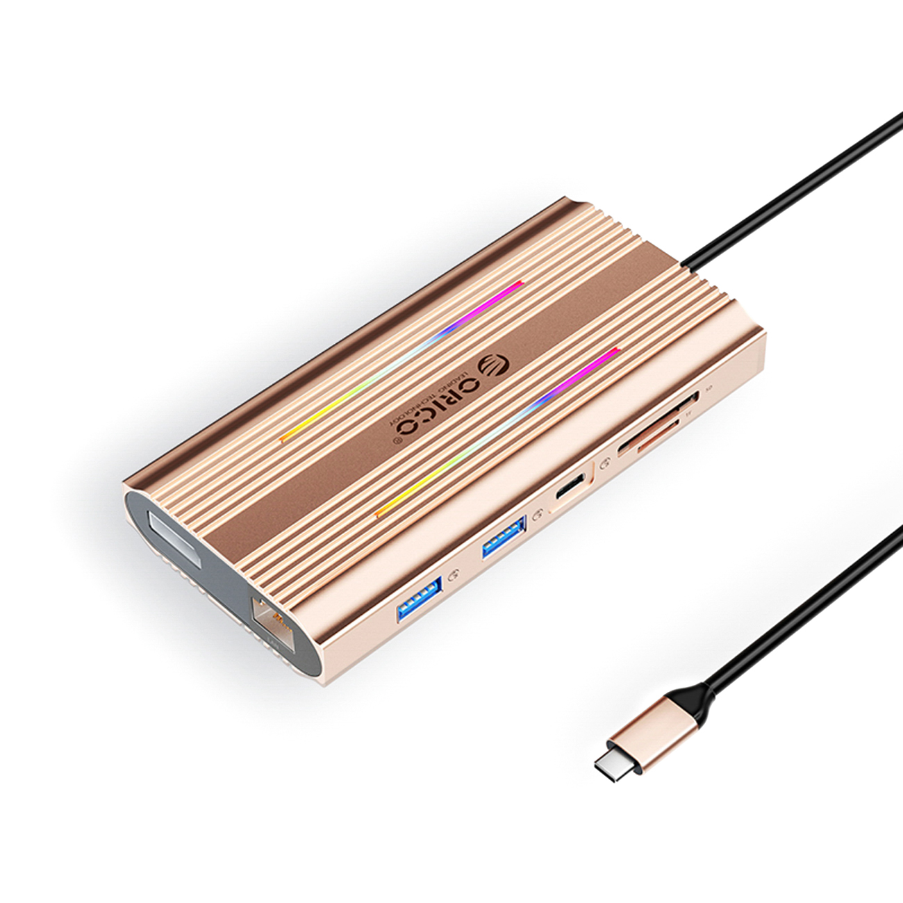 Orico XDR 12 viename RGB USB-C prijungimo stotelė USB-A USB-C 2x HDMI 4K 60Hz DisplayPort 4K 60Hz RJ45 Gigabit PD 100W SD ir microSD kortelių skaitytuvas - rožinis auksas