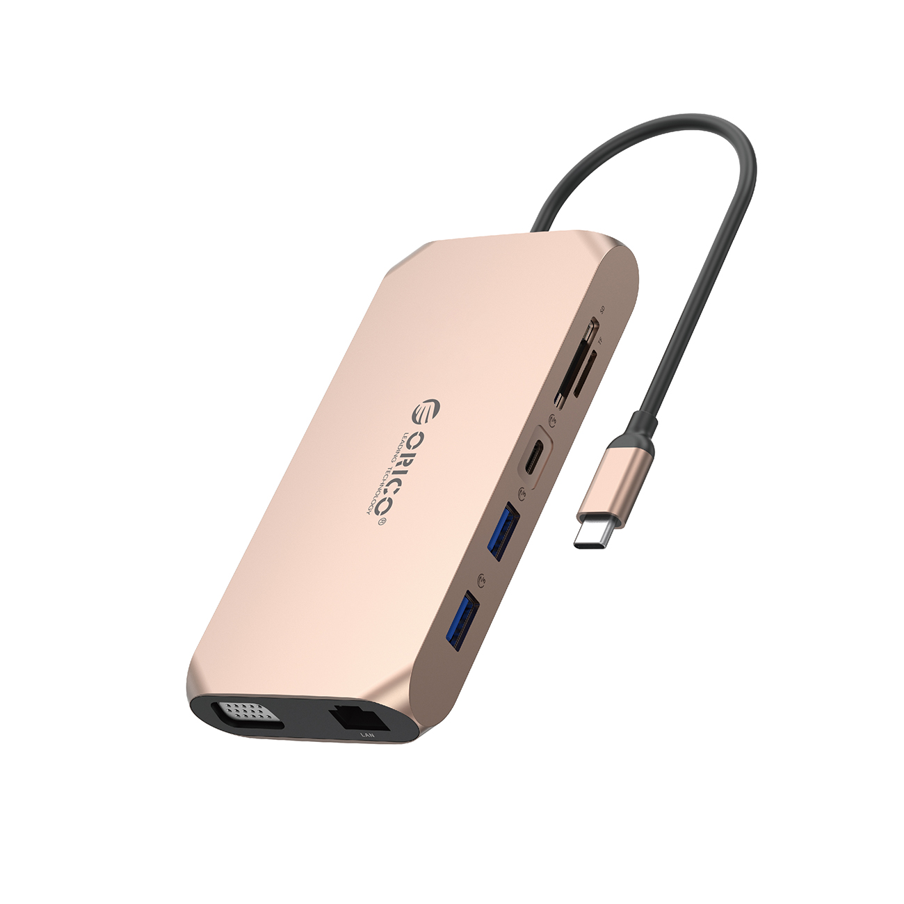 Orico XCR 12 viename USB-C prijungimo stotelė 2x USB-A 3.1 1x USB-A 2.0 1x USB-C PD 100W 1x USB-C 3.1 2x HDMI 2.0 4K 60Hz 1x VGA 1080p 1x SD 3.0 1x microSD 3.0 1x RJ45 Gigabit Ethernet 1x garso CTIA 3.5 mm - rožinis auksas