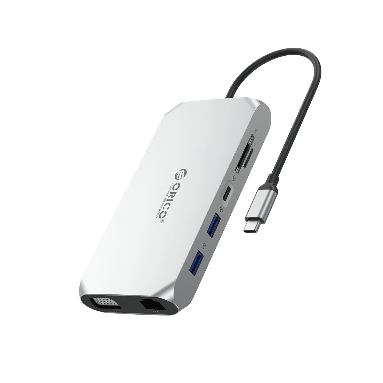 Orico XCR 12 viename USB-C prijungimo stotelė 3x USB-A 3.1 1x USB-A 2.0 1x USB-C PD 100W 1x USB-C 3.1 1x HDMI 1.4 4K 30Hz 1x VGA 1080p 1x SD 3.0 1x microSD 3.0 1x RJ45 Gigabit Ethernet 1x garso CTIA 3.5 mm - sidabrinė