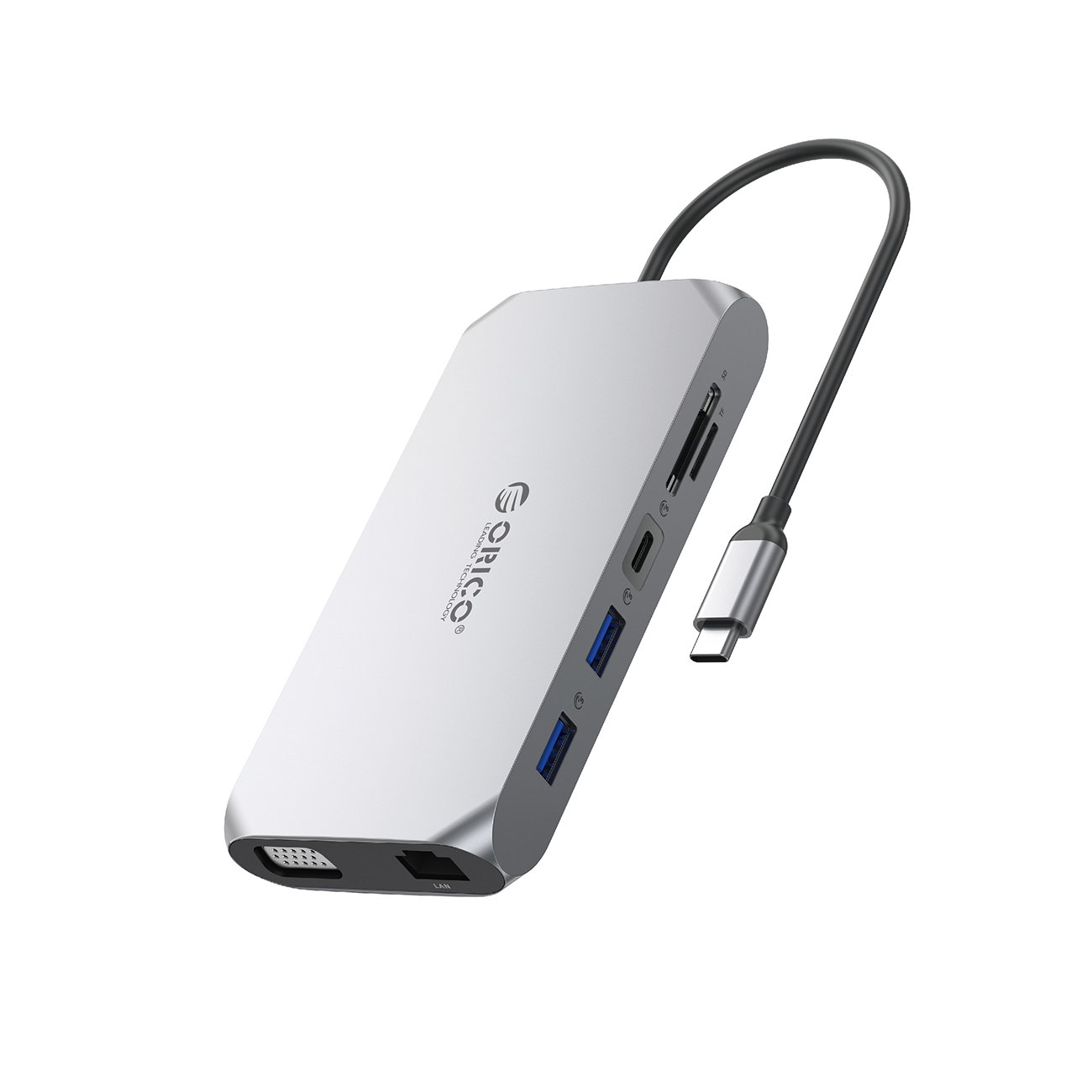 Orico XCR 12 viename USB-C prijungimo stotelė 3x USB-A 3.1 1x USB-A 2.0 1x USB-C PD 100W 1x USB-C 3.1 1x HDMI 1.4 4K 30Hz 1x VGA 1080p 1x SD 3.0 1x microSD 3.0 1x RJ45 Gigabit Ethernet 1x garso CTIA 3.5 mm - pilka