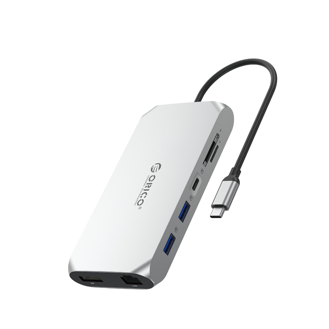 Orico XCR 12 viename USB-C prijungimo stotelė 2x USB-A 3.1 1x USB-A 2.0 1x USB-C PD 100W 1x USB-C 3.1 2x HDMI 2.0 4K 60Hz 1x DisplayPort 1.4 4K 60Hz 1x SD 3.0 1x microSD 3.0 1x RJ45 Gigabit Ethernet 1x garso CTIA 3.5 mm - sidabrinė