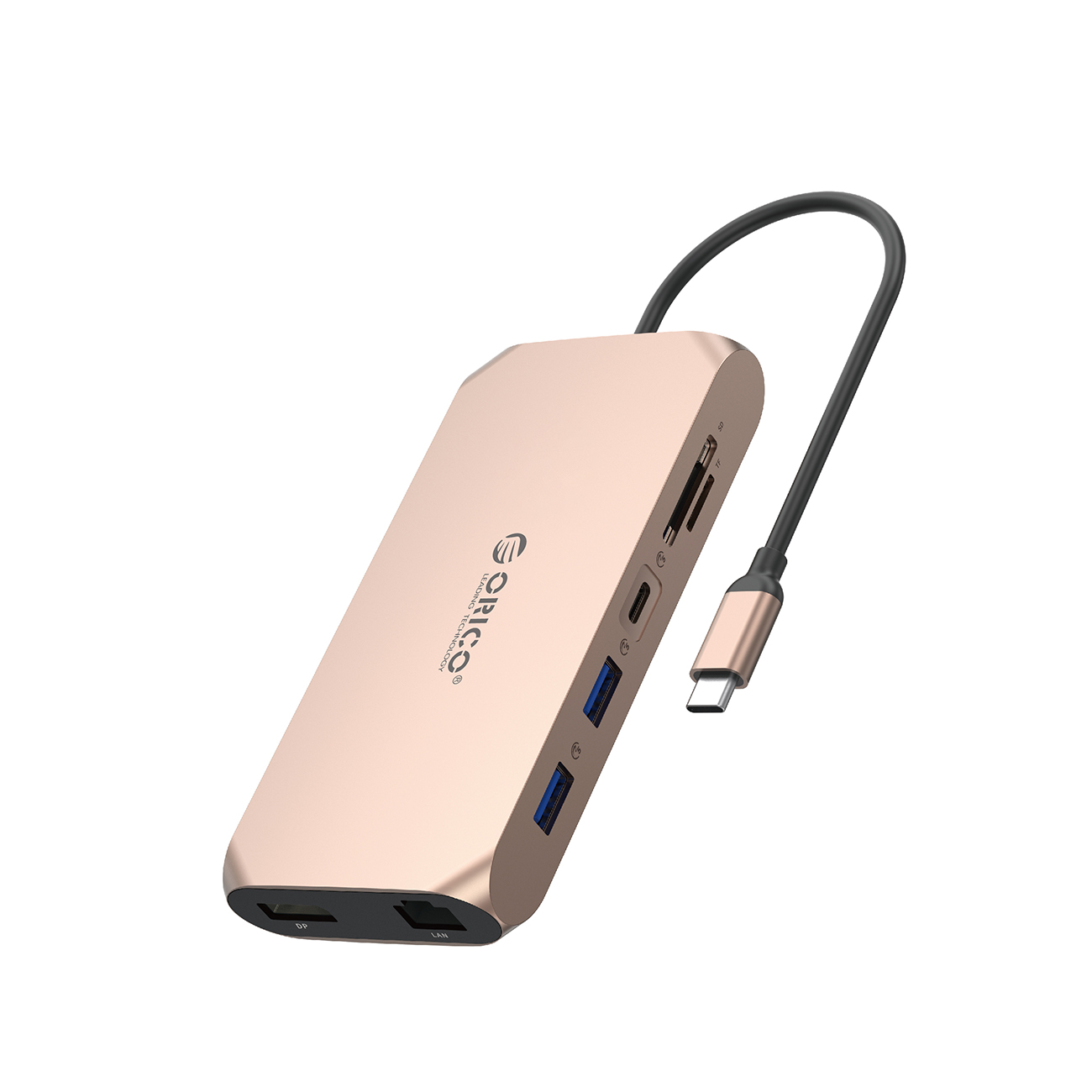 Orico XCR 12 viename USB-C prijungimo stotelė 2x USB-A 3.1 1x USB-A 2.0 1x USB-C PD 100W 1x USB-C 3.1 2x HDMI 2.0 4K 60Hz 1x DisplayPort 1.4 4K 60Hz 1x SD 3.0 1x microSD 3.0 1x RJ45 Gigabit Ethernet 1x CTIA garso 3.5 mm - rožinis auksas