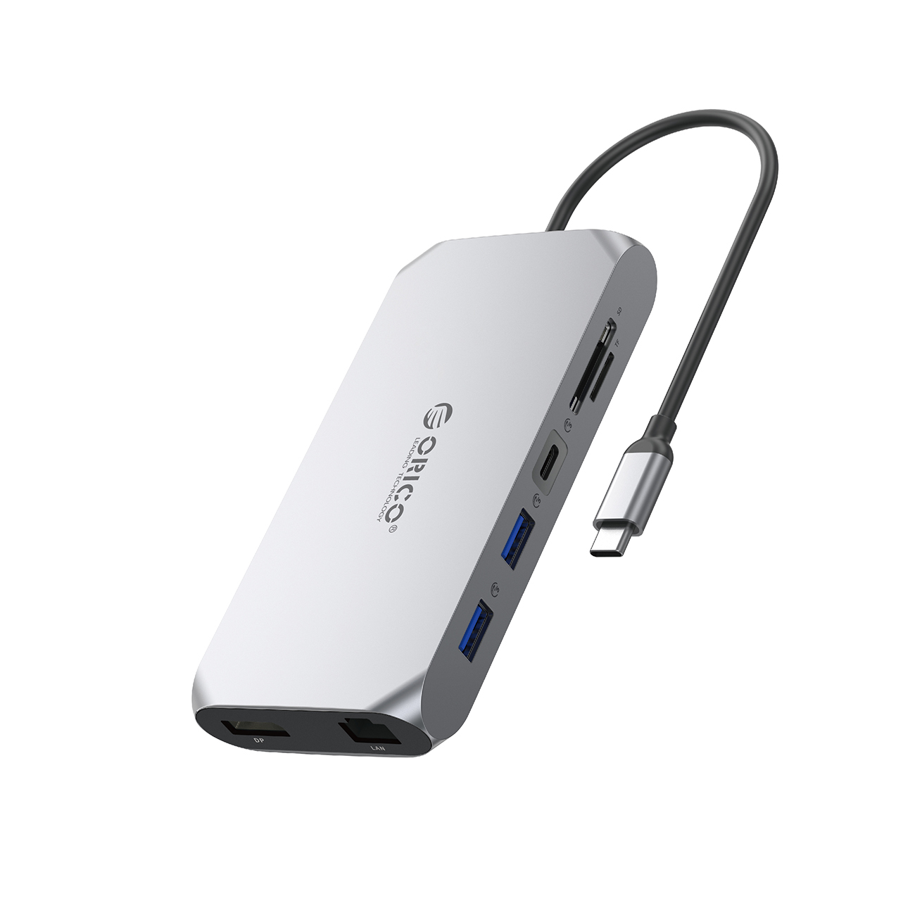 Orico XCR 12 viename USB-C prijungimo stotelė 2x USB-A 3.1 1x USB-A 2.0 1x USB-C PD 100W 1x USB-C 3.1 2x HDMI 2.0 4K 60Hz 1x DisplayPort 1.4 4K 60Hz 1x SD 3.0 1x microSD 3.0 1x RJ45 Gigabit Ethernet 1x garso CTIA 3.5 mm - pilka