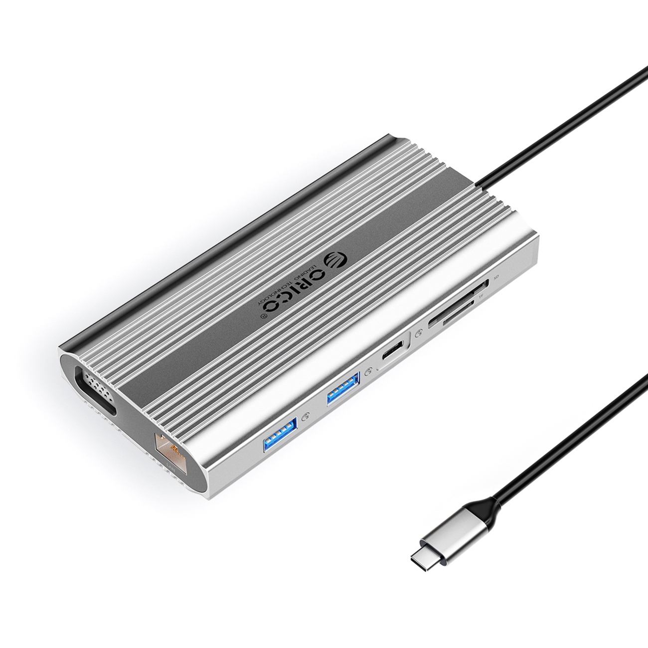 Orico XDR 12 viename USB-C prijungimo stotelė USB-A USB-C HDMI 4K VGA RJ45 Gigabit PD 100W SD ir microSD kortelių skaitytuvas - sidabrinė