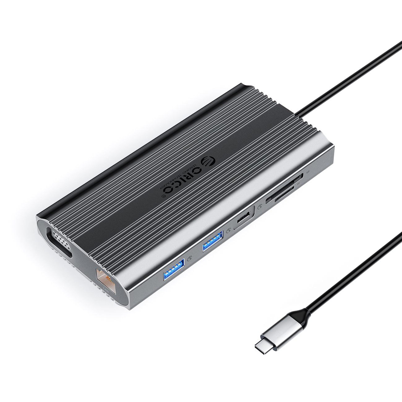 Orico XDR 12 viename USB-C prijungimo stotelė USB-A USB-C HDMI 4K VGA RJ45 Gigabit PD 100W SD ir microSD kortelių skaitytuvas - pilka
