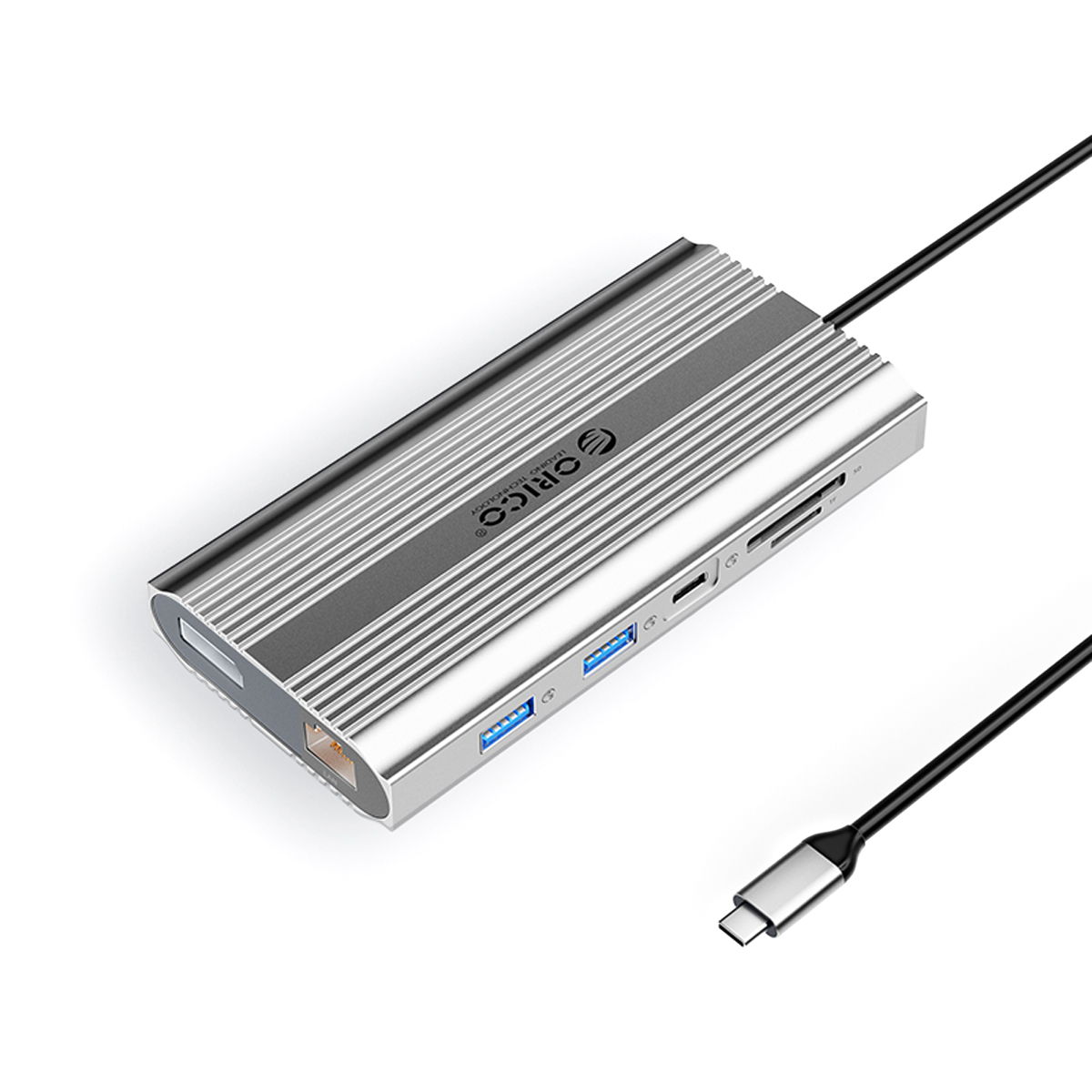 Orico XDR 12 viename USB-C prijungimo stotelė USB-A USB-C 2x HDMI 4K 60Hz DisplayPort 4K 60Hz RJ45 Gigabit PD 100W SD ir microSD kortelių skaitytuvas - sidabrinė