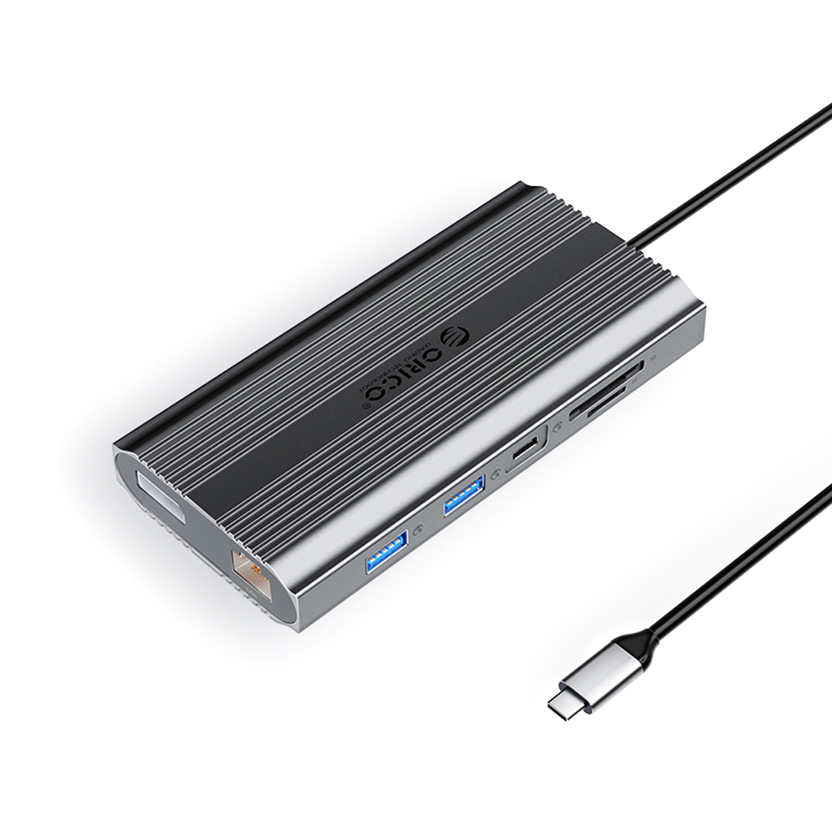 Orico XDR 12 viename USB-C prijungimo stotelė USB-A USB-C 2x HDMI 4K 60Hz DisplayPort 4K 60Hz RJ45 Gigabit PD 100W SD ir microSD kortelių skaitytuvas - pilka