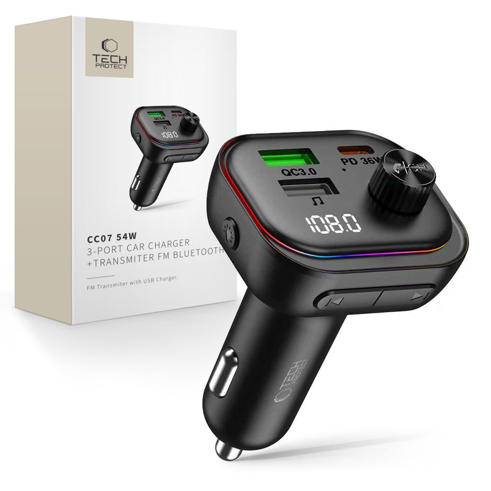 Tech-Protect CC07 3 prievadų PD 54W automobilinis įkroviklis + Bluetooth FM siųstuvas - juodas