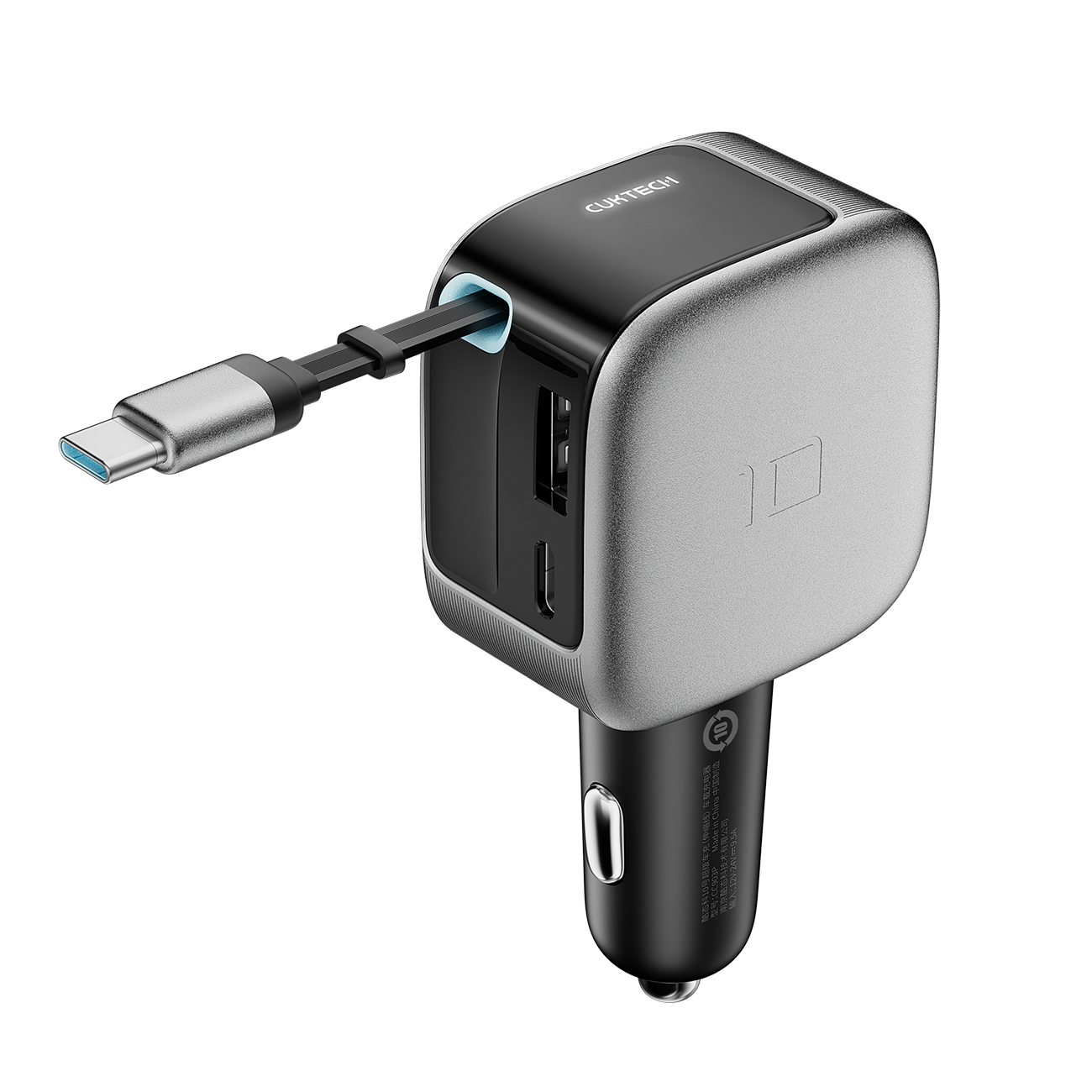 Cuktech CC903P automobilinis įkroviklis 100 W, su ekranu ir 70 cm įtraukiamu USB-C laidu – pilkas