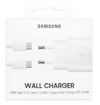 Įkroviklis originalus Samsung Super Fast Charging (Type-C) EP-TA800XWEGWW (25W) baltas + type-C kabelis su įpakavimu