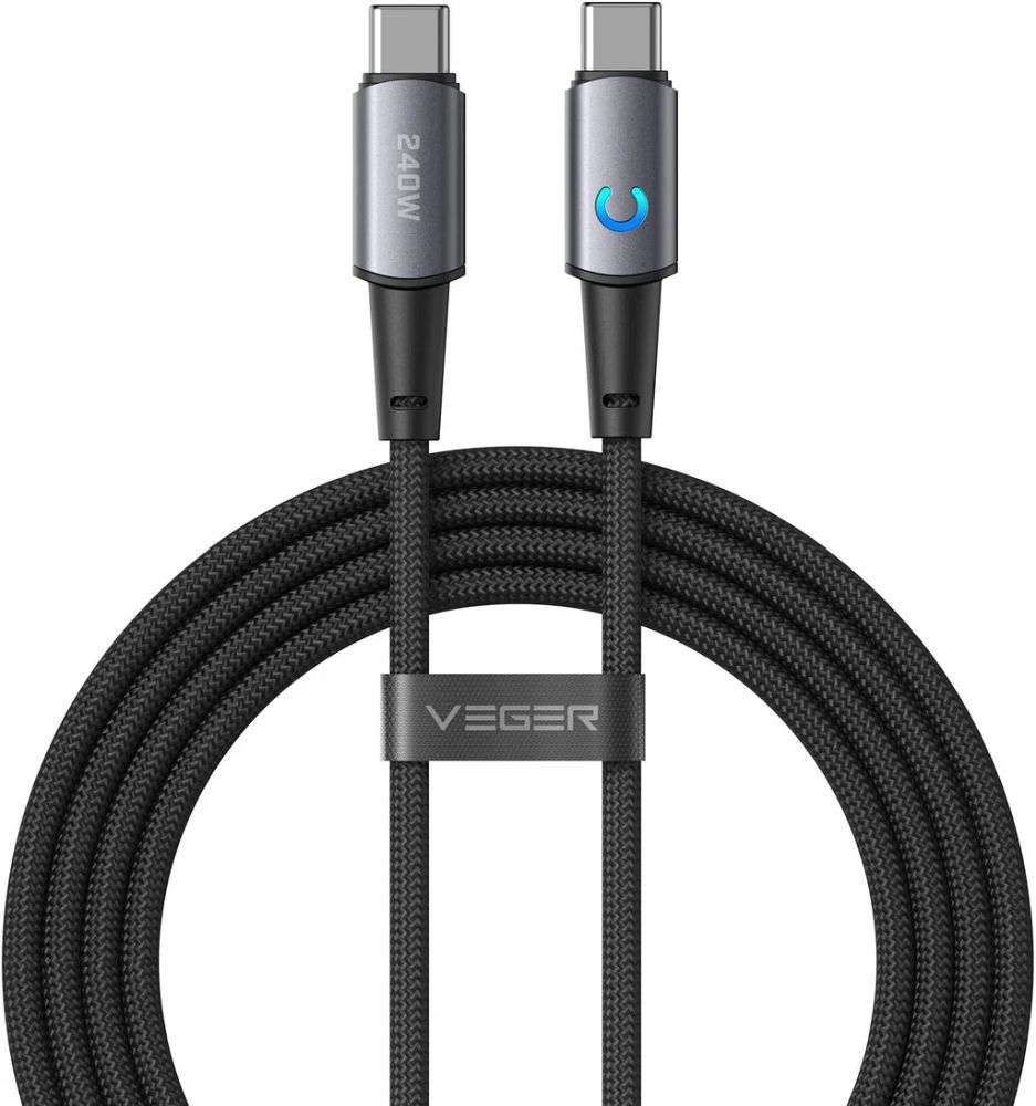 Кабель со светодиодным индикатором, разъемы Type C – Type C, VEGER PD 5A 240 Вт, CC2-ZSD, 1,5 м, черный