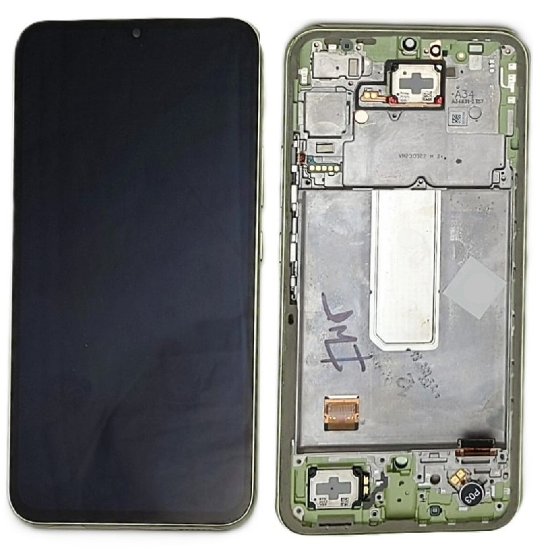 Ekranas Samsung A346 A34 5G 2023 su lietimui jautriu stikliuku ir rėmeliu Lime originalus (used Grade B)