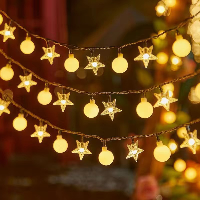 LED girlianda 10M (80 LED lempučių) USB žvaigždės + rutuliukai, šiltai balta