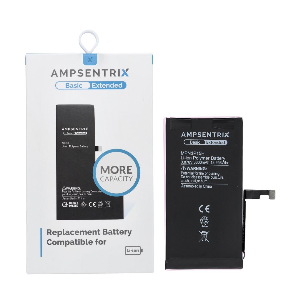AmpSentrix Basic baterija iPhone 15 (didelės talpos 3600 mAh)