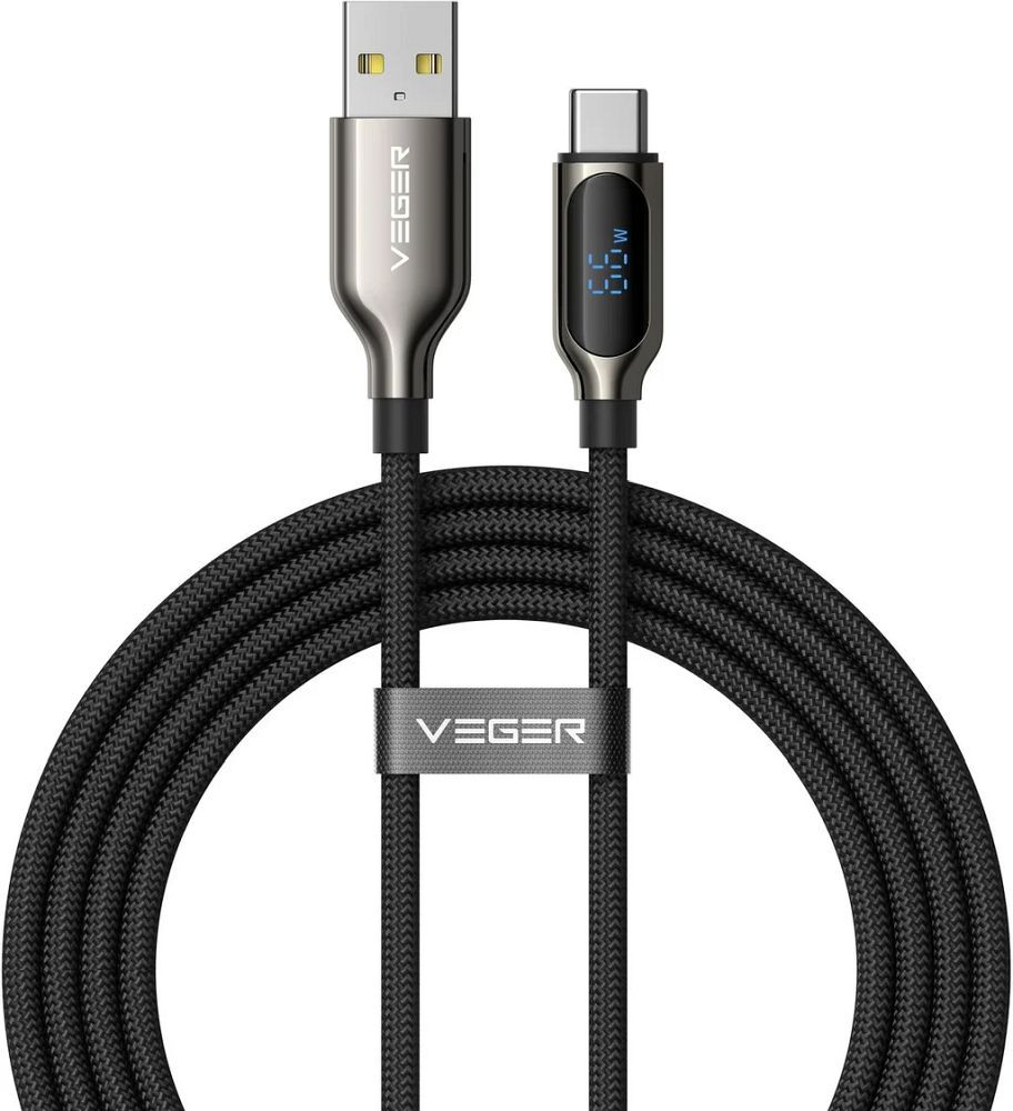 Кабель с LED-индикатором USB A — Type C VEGER PD 3A 66 Вт AC1-XHJ, 1,2 м, черный