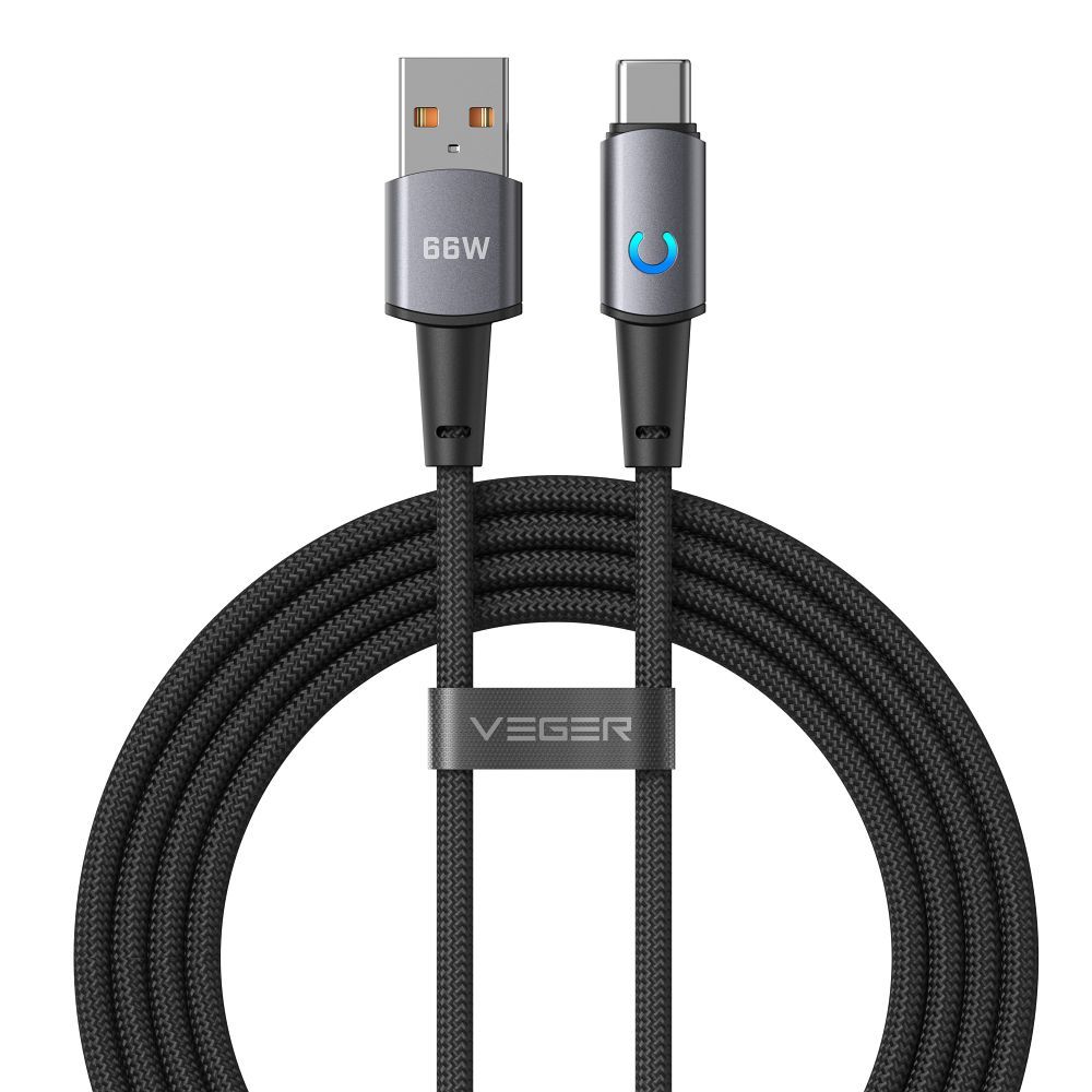 Кабель со светодиодным индикатором, разъемы USB-A и Type-C, VEGER PD 3A 66W AC1-ZSD, 1,2 м, черный