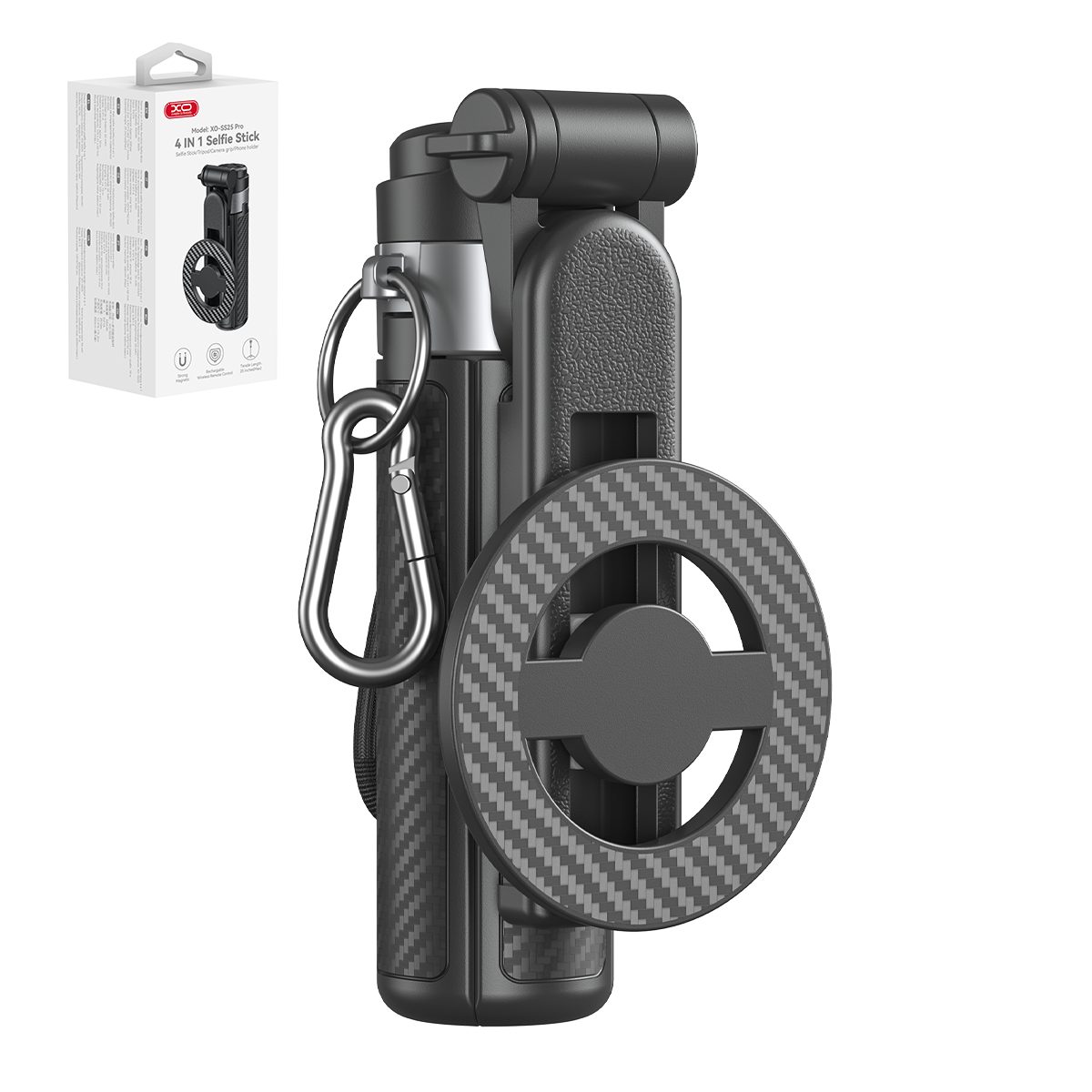 XO SS25 Bluetooth asmenukių lazda-trikojis, juoda, magnetinė, skirta MagSafe, 64cm