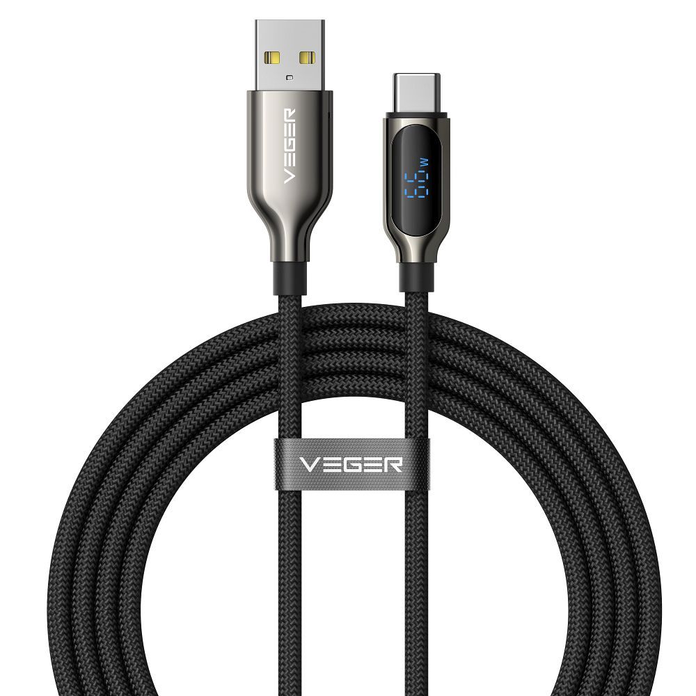 Кабель со светодиодным индикатором, разъемы Type C – Type C, VEGER PD 5A 100W CC1-ZSD, 1,5 м, черный