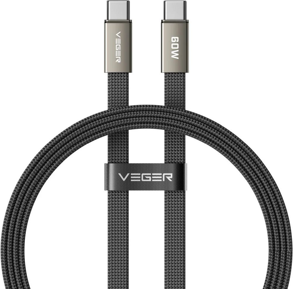 Плоский кабель Type C – Type C VEGER PD 3A 60 Вт CC06-MTB, 1,2 м, черный