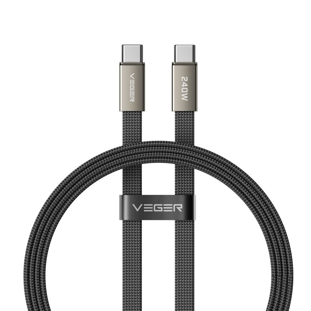 Плоский кабель Type C – Type C VEGER PD 5A 240 Вт CC2-MTB, 1,5 м, черный