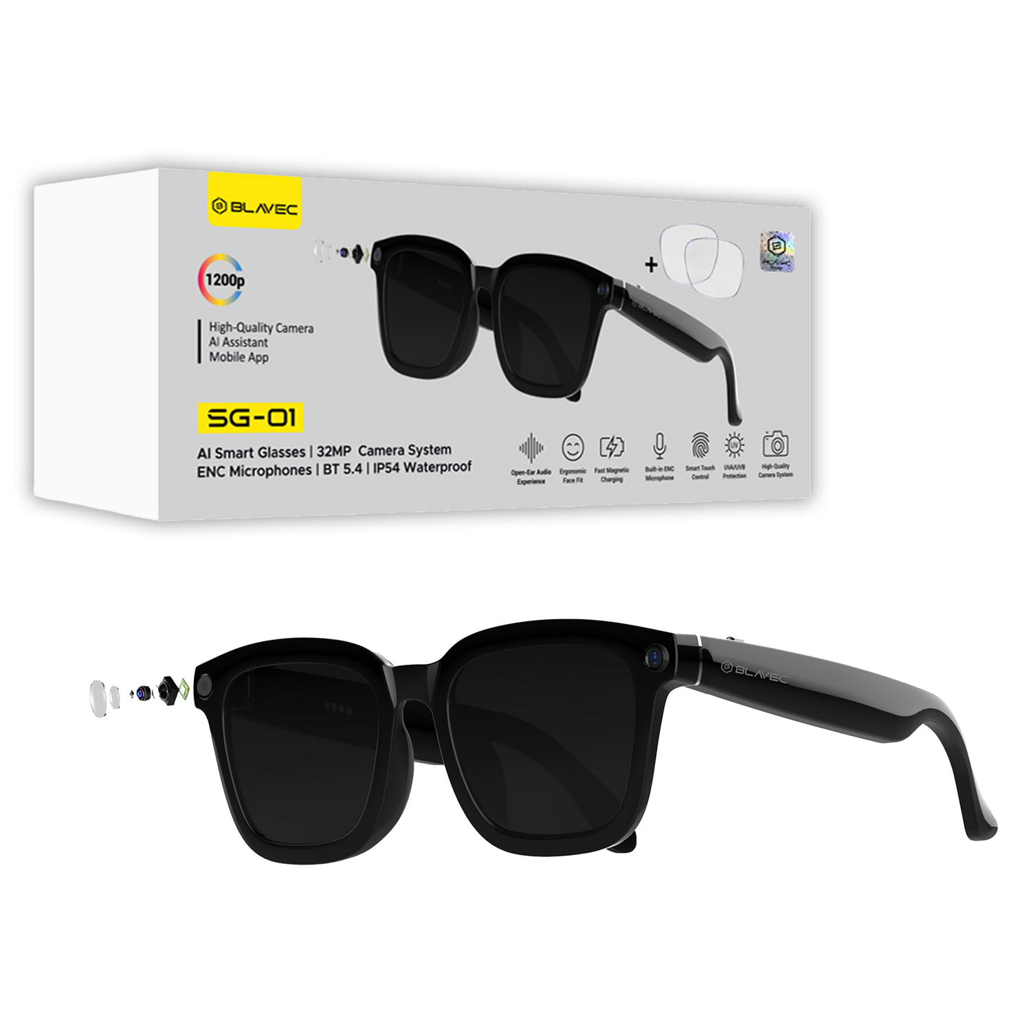 Blavec išmanieji akiniai SG-01 HD kamera, AI, Wi-Fi (SG01-B) juodi