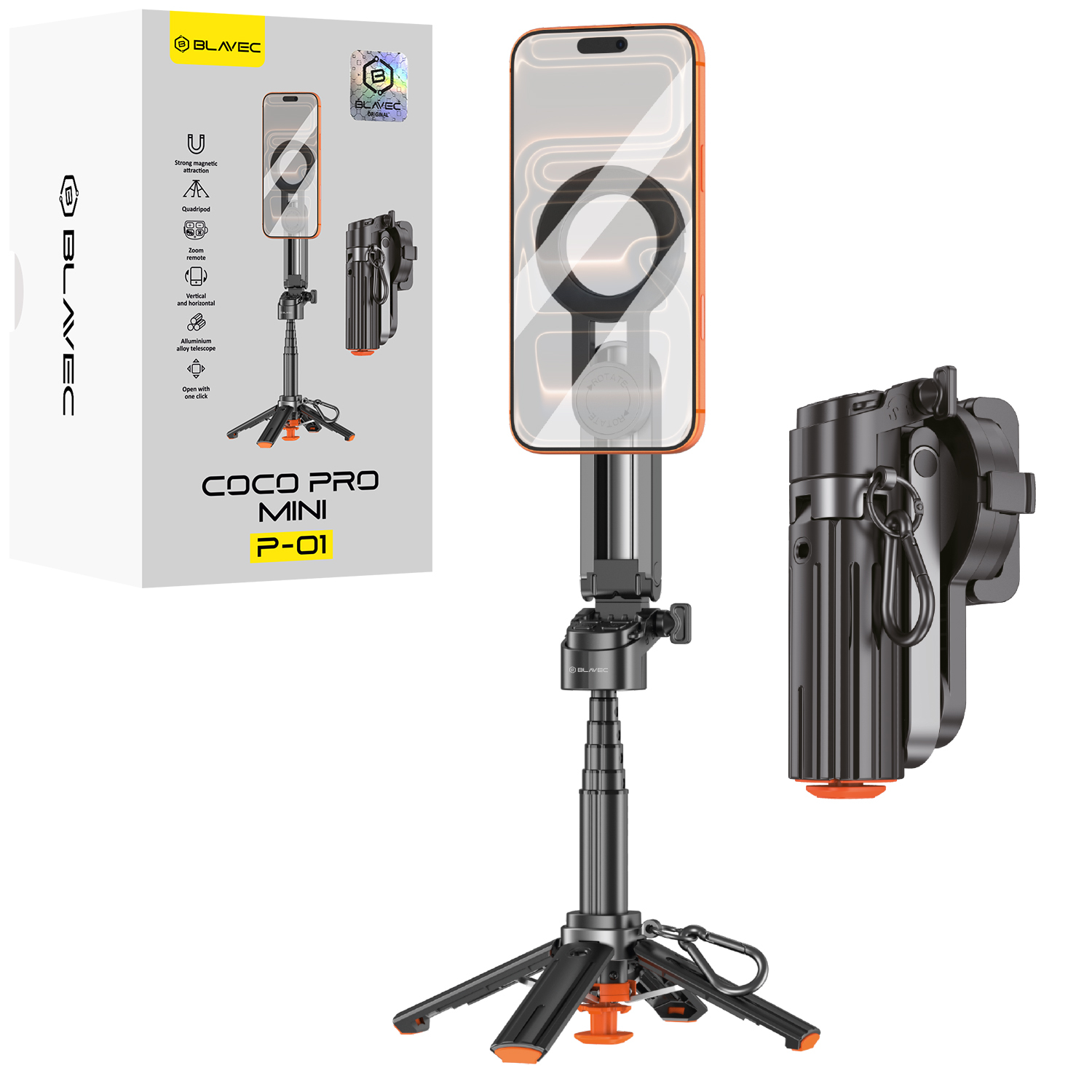 Blavec aliuminė asmenukių lazda Coco PRO Mini P-01 Magsafe Auto pop keturkojis stovas + nuotolinio valdymo pultelis + laikiklis 0,48 metro (SSCPMP01-MQHB048) juoda